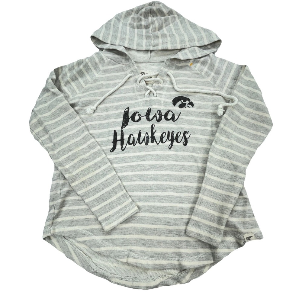 Iowa Hawkeyes Hoodie Women Medium Gray White Striped Sweatshirt Sweater Rag Knit